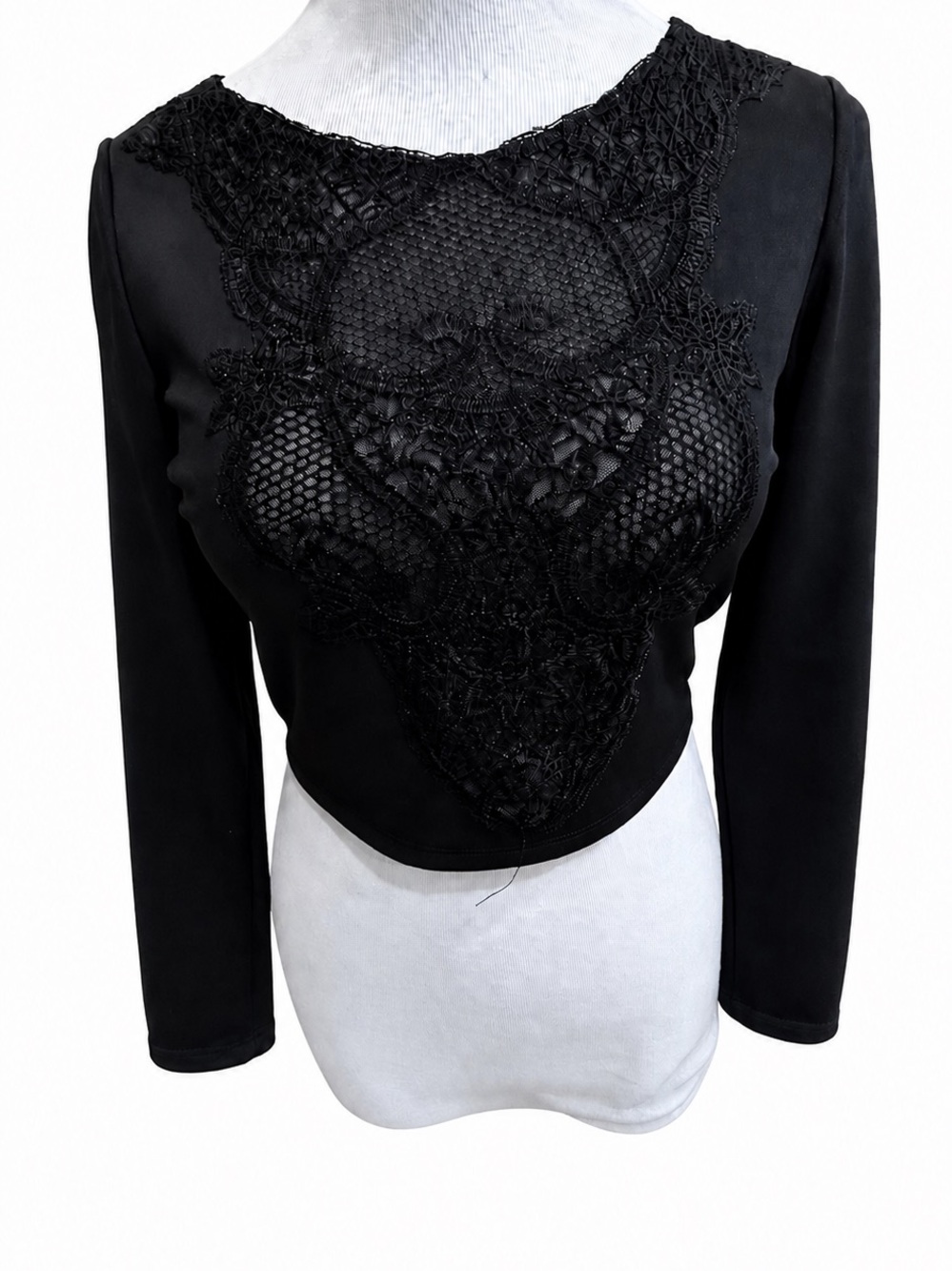 Express Black Long-Sleeve Lace Appliqué Top